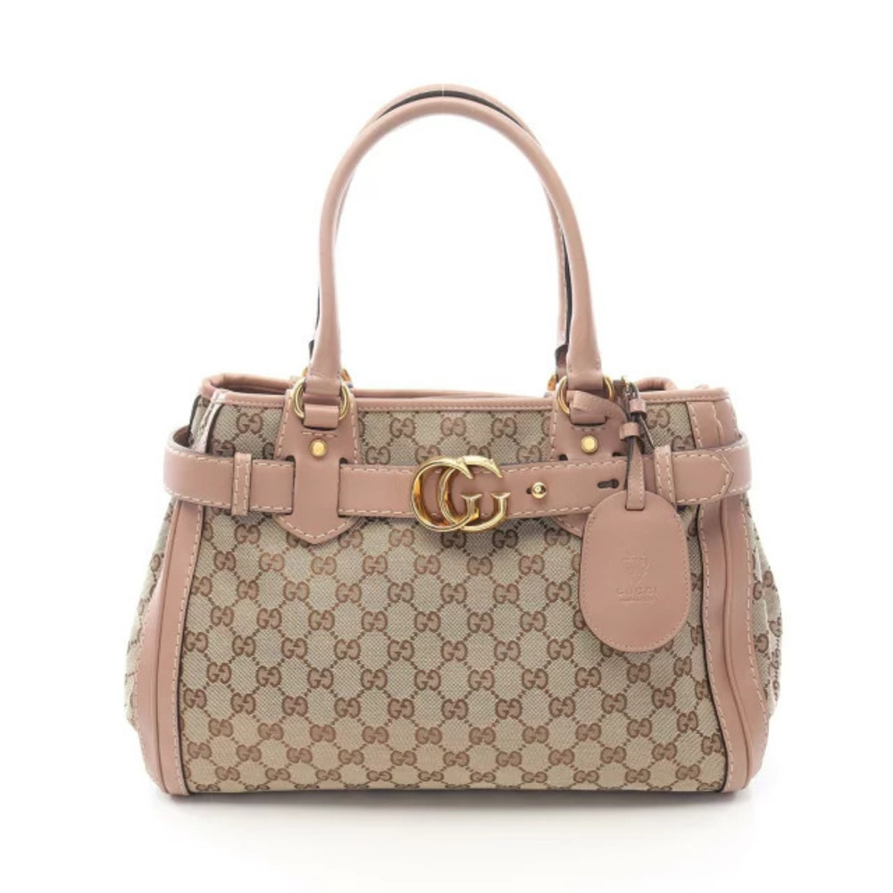 Gucci GG Running Canvas Tote Bag Leather Beige Cream Pink